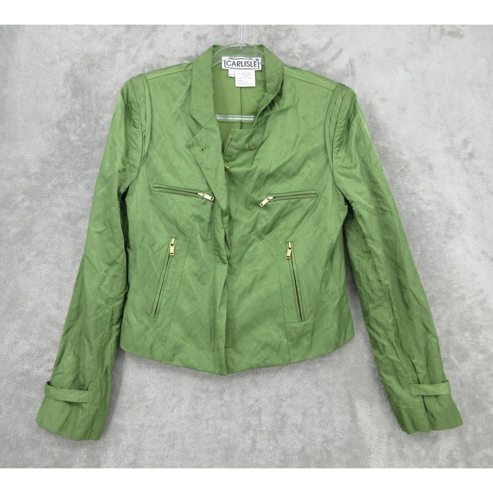Vintage Carlisle Jacket Womens 6 Moto Zip Pockets Fitted Casual Satin Green